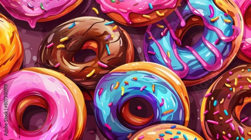Assorted glazed donuts with colorful frosting and chocolate toppings fill the background  Ai Generated