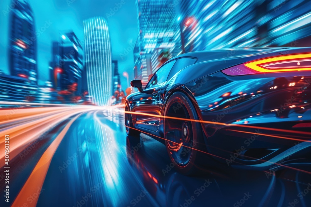 High speed car motion blur light trails on highway road with city skyline background. High speed car motion blur light trails on highway road with city skyline background.