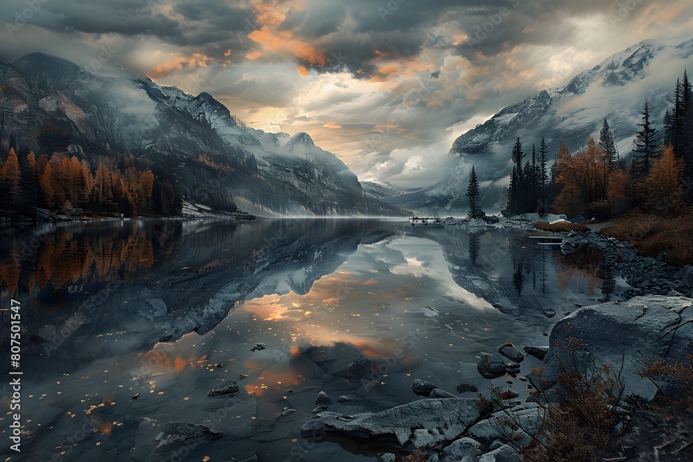 Naklejka premium Snowy alpine lake landscape with fog and wide mountain ranges