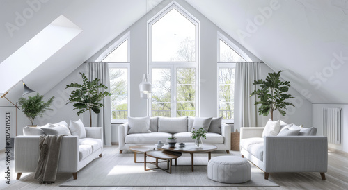 A simple living room with sofa  armchair and coffee table on the right side of the picture. The walls have light gray color and there is an angle roof window above it