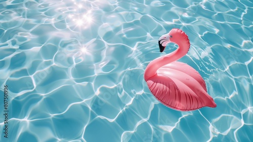 Top view of shadow on pool water surface with a inflatable pink flamingo floating in the water. Beautiful abstract background concept banner. photo