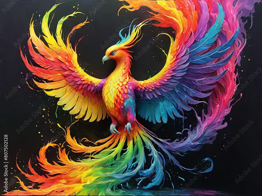 Obraz premium rainbow phoenix soaring majestically from flames reborn in vibrant colors against a dark hellish backdrop