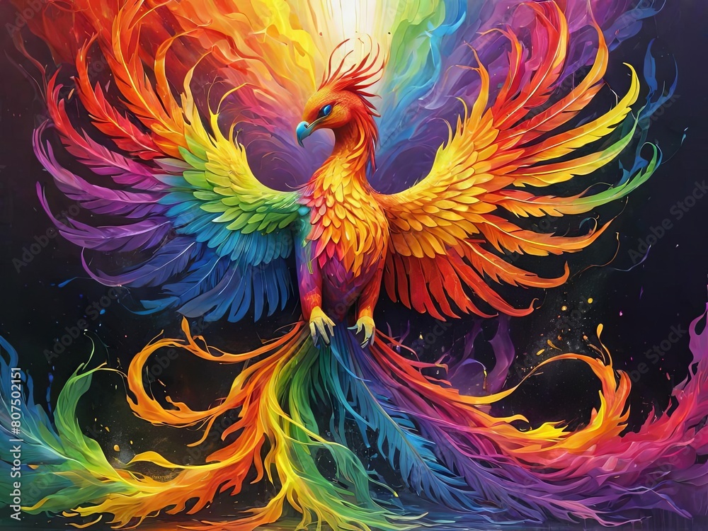 rainbow phoenix soaring majestically from flames reborn in vibrant colors against a dark hellish backdrop