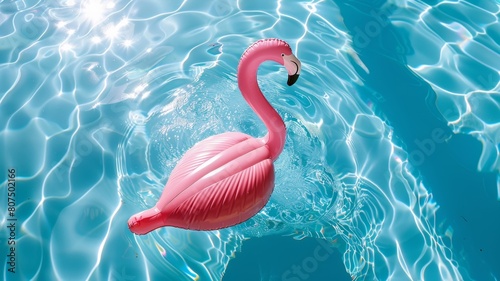 Top view of shadow on pool water surface with a inflatable pink flamingo floating in the water. Beautiful abstract background concept banner.