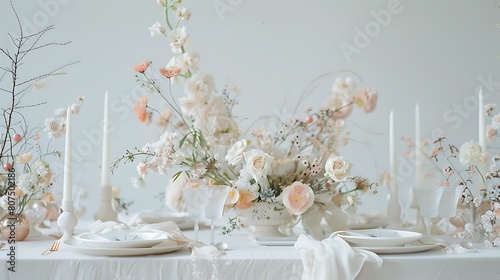 A beautifully curated wedding table setup featuring ornate centerpieces and fine linens, all showcased against a pristine white background.