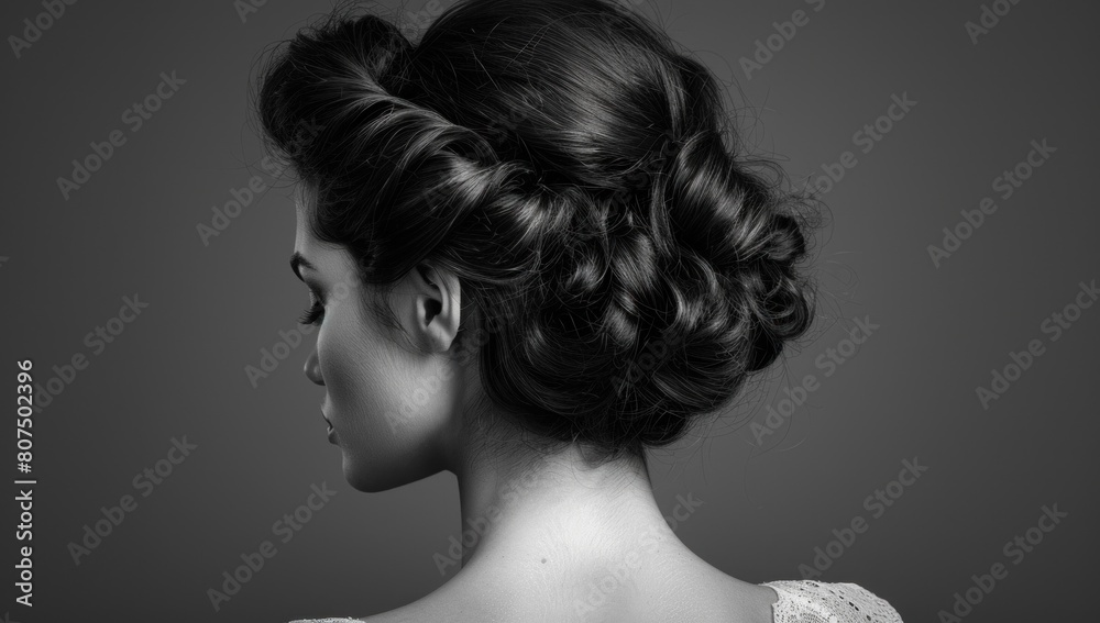 A sophisticated updo with cascading curls, portrayed in timeless black and white allure.