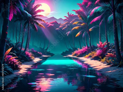A Dense Tropical Forest With Synthwave Aesthetic Scenes From A Panoramic Point Of View.  © saritwat