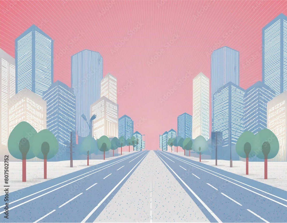 Fototapeta premium A city street with a blue and red background