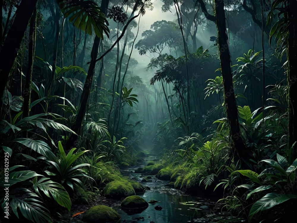 Tropical forest with trees, rain forest in the jungle, and tropical forest in the morning