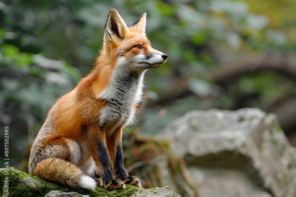 Fototapeta premium 숲속 돌 위에 앉아 햇빛을 쬐고 있는 작은 야생 여우
