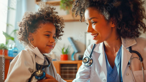  Smiling doctor pediatrician and child playfully holding a stethoscope.