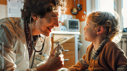 A pediatrician with a stethoscope smiles at a little girl in a bright children's office.