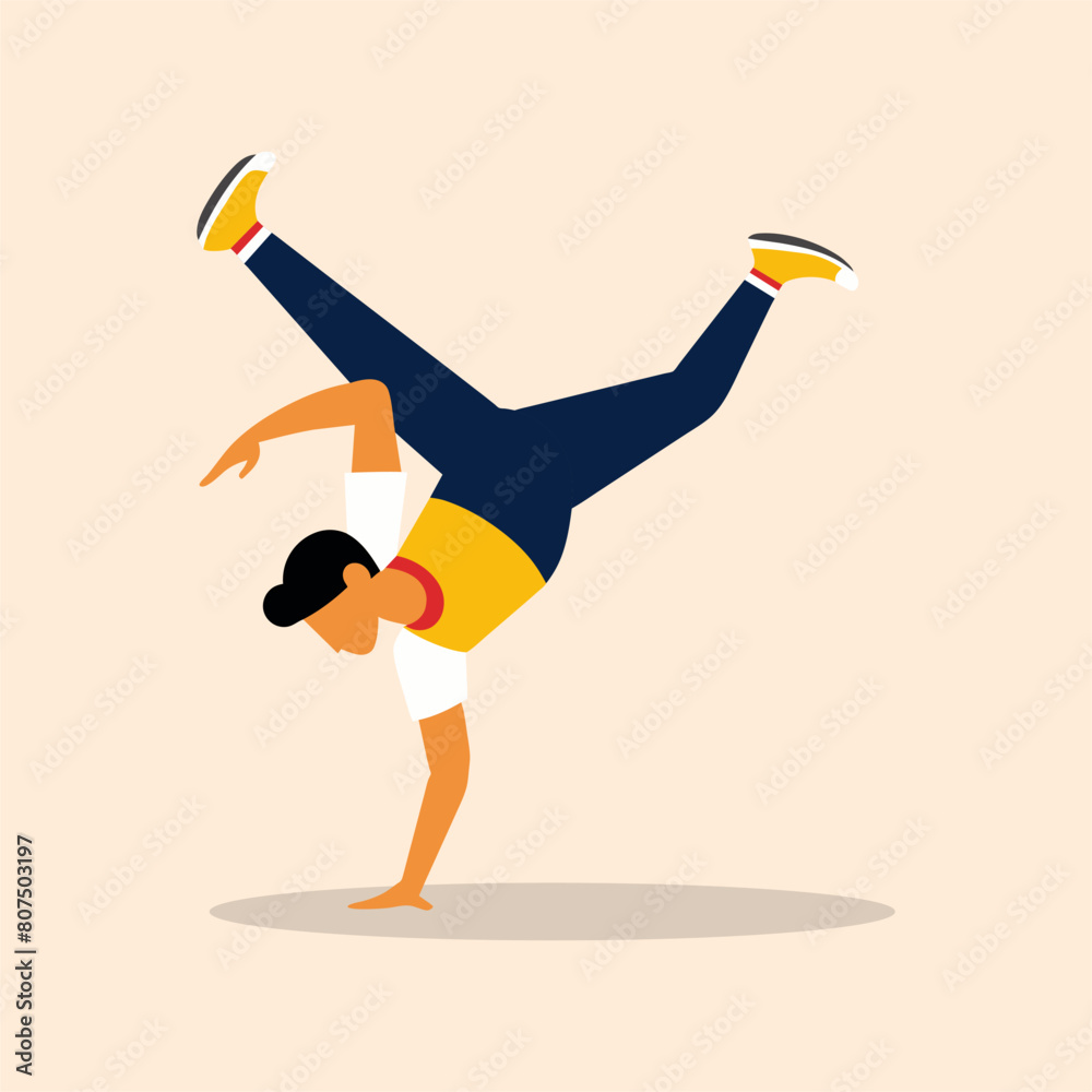Cartoon illustration of person doing break dance. Olympic Paralympic athlete break dance.