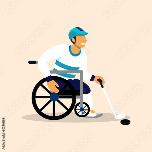 Cartoon illustration of a person using a wheelchair playing field hockey. Para athlete Paralympic playing hockey. 