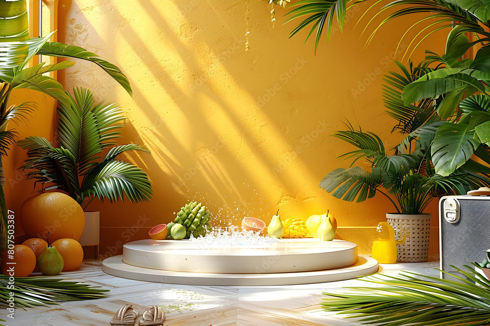 Obraz premium .Empty stylish podium 3D mockup background for beauty product presentation concept. Summer copy space platform surrounded by palm leaves . Cosmetics, perfume or home goods sales advertising stand.
