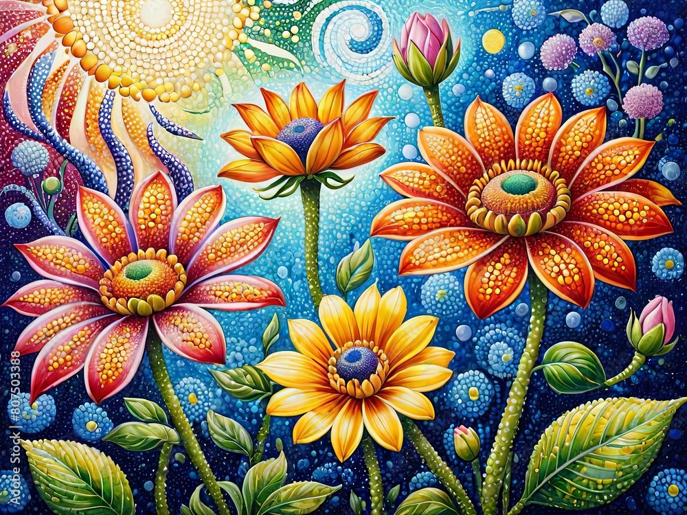 abstract pointillist oil painting flowers. abstract pointillist oil painting flowers.