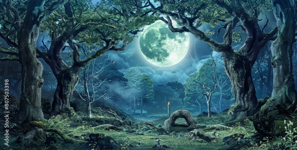 Obraz premium Enchanting magic forest in a fantasy landscape at night, Ai Generated