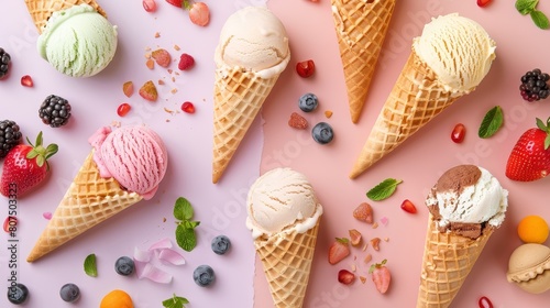 Vegan ice cream set against a pastel colored background creates a vibrant and inviting scene, Ai Generated