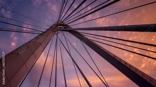 Iconic bridge architecture, close-up on cable joints and steel beams, sunset lighting, vibrant sky 