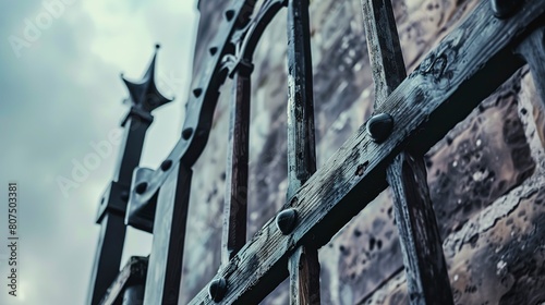 Medieval fortress gate, close-up on ironwork and wood grain, cloudy day, high contrast  photo