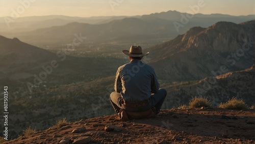 A man sits on top of a mountain in the American West before sunset photo