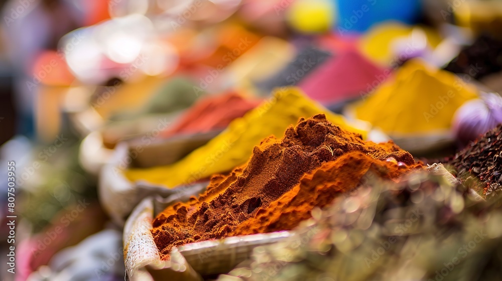 Local market spices, close-up on colorful powders and textures, bright daylight, sensory appeal 