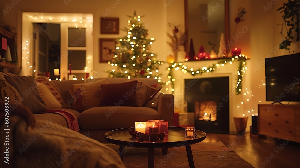 A cozy living room decorated for the holidays with twinkling lights, garland, and festive accents.