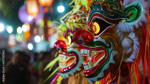 Cultural parade, close-up on traditional masks, dynamic street lighting, festive atmosphere 