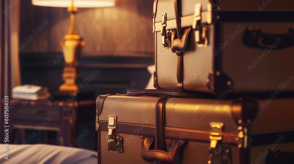 Fototapeta premium Designer luggage collection, high-end hotel room, warm ambient lighting, close-up