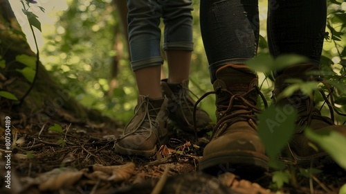 Family hiking adventure, lush green forest, close-up of boots on trail