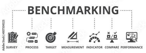 Benchmarking concept icon illustration contain survey, process, target, measurement, indicator, compare and performance.