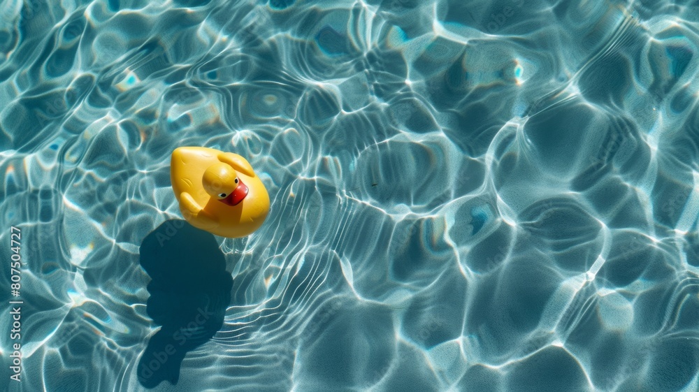 Top view of shadow on pool water surface with a rubber ducky floating in the water. Beautiful abstract background concept banner.