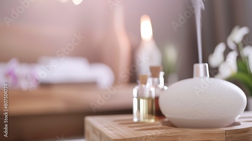 Spa aromatherapy session  close-up of essential oils and diffuser  calming ambiance 