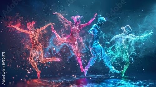 Transform conventional views with a high-angle perspective merging Scientific Discoveries and Dance Forms Depict contemporary dancers embodying the essence of molecular structures photo