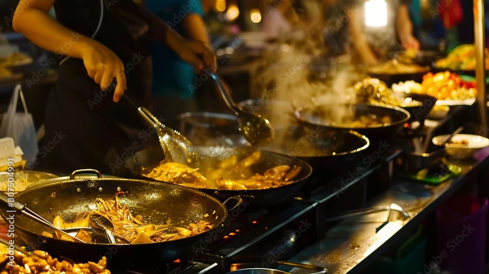 Naklejka premium Night market food stall, close-up of sizzling dishes and chefâ€™s flair, street eats