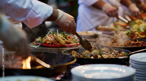 Street food festival, close-up of sizzling dishes and chefâ€™s hands, culinary flair 