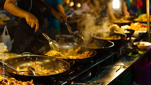 Night market food stall  close-up of sizzling dishes and chef        s flair  street eats