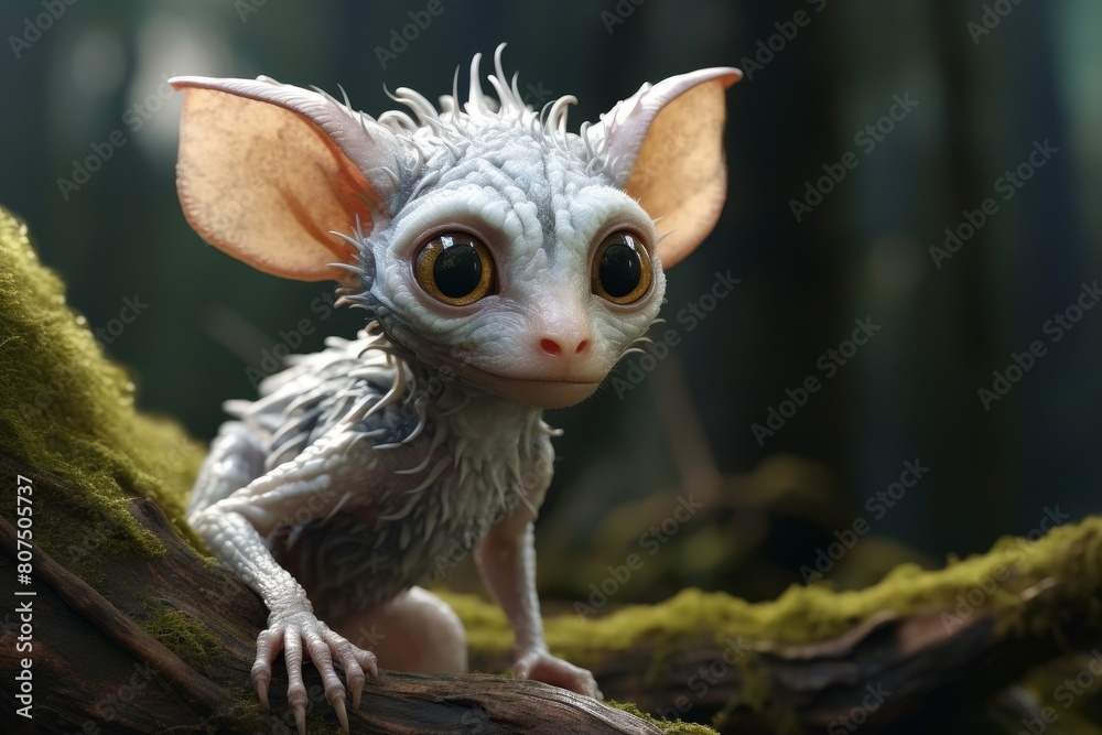 Adorable and curious fantasy creature with large eyes and fuzzy appearance