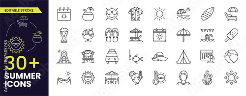 Summer Editable Strokes icons set. Sun, rain, thunder storm, dew, wind, snow cloud, night sky. Editable Outline icon.