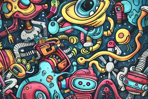 Cartoon cute doodles of a dreamscape inhabited by sentient robots and futuristic technology  blurring the lines between reality and virtual reality  Generative AI
