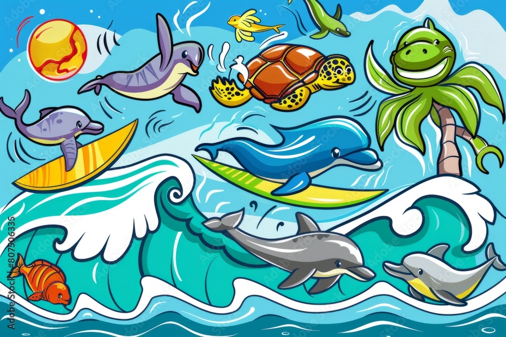 Cartoon cute doodles of a surfing competition featuring adventurous sea turtles, riding the waves alongside dolphins and seals, Generative AI Cartoon cute doodles of a surfing competition featuring adventurous sea turtles, riding the waves alongside dolphins and seals, Generative AI