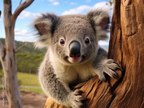 Cute koala bear peeking out from tree trunk