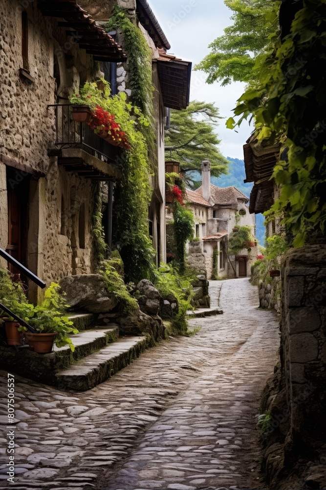 Charming cobblestone alley in a historic european village
