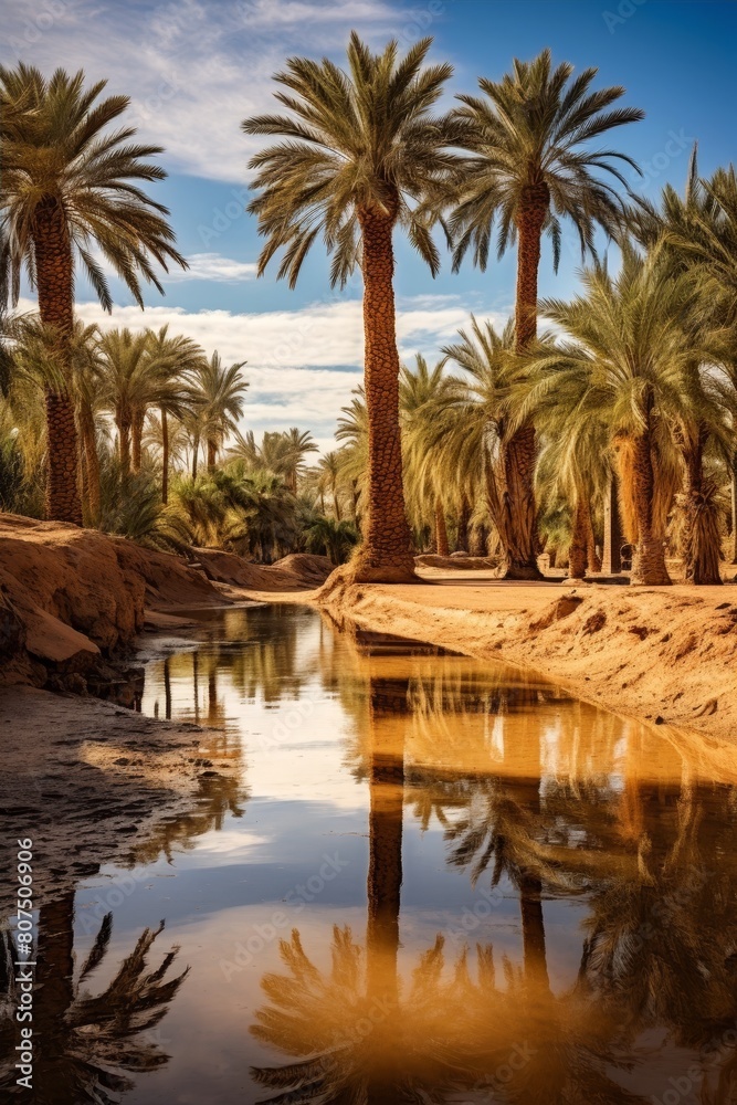 Obraz premium Lush oasis with palm trees reflecting in calm waters