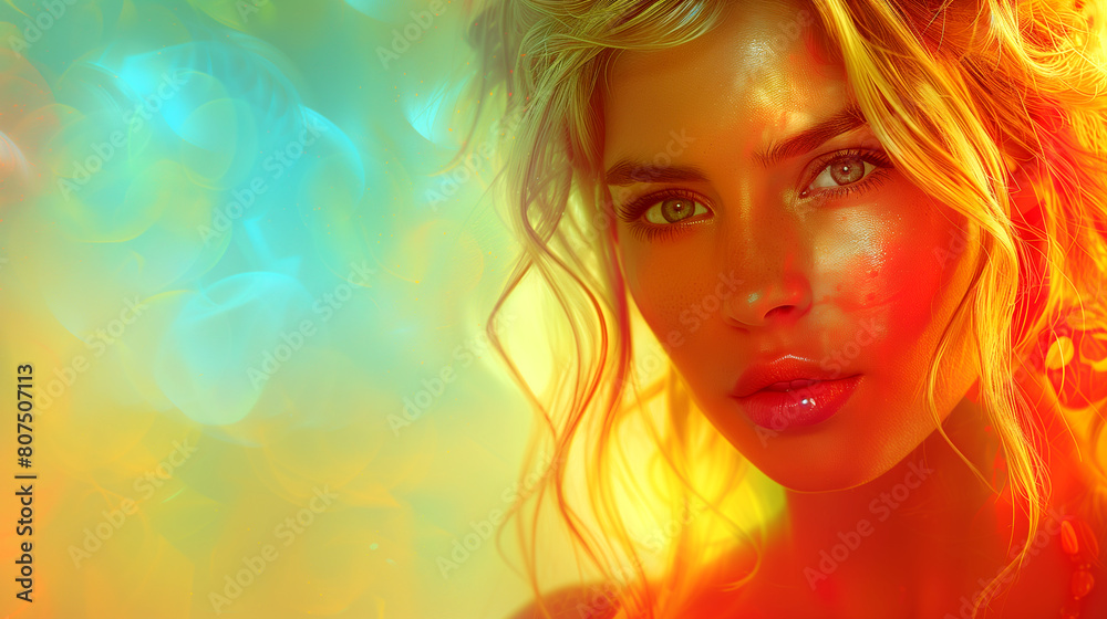 A woman with long blonde hair and green eyes is the main focus of the image A woman with long blonde hair and green eyes is the main focus of the image