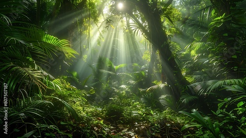 A dense forest with sunlight streaming through the canopy  illuminating the forest floor  a captivating nature background.