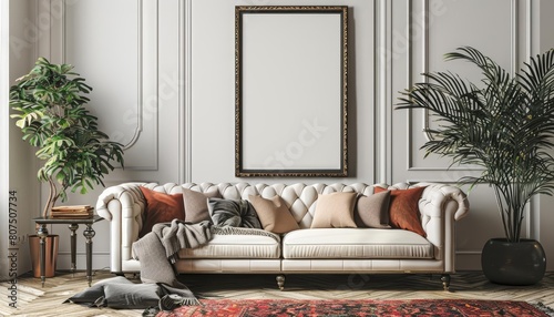 A Classic boho sofa interior is adorned with a Mockup poster frame  enhancing the chic look  3D render sharpen