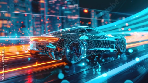 3D rendering of an electric car with a holographic wireframe overlay  against a futuristic cityscape background.