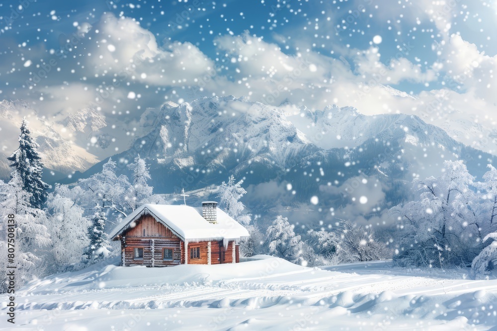 A cozy house among a snowscape provides a perfect winter getaway, Sharpen banner template with copy space on center