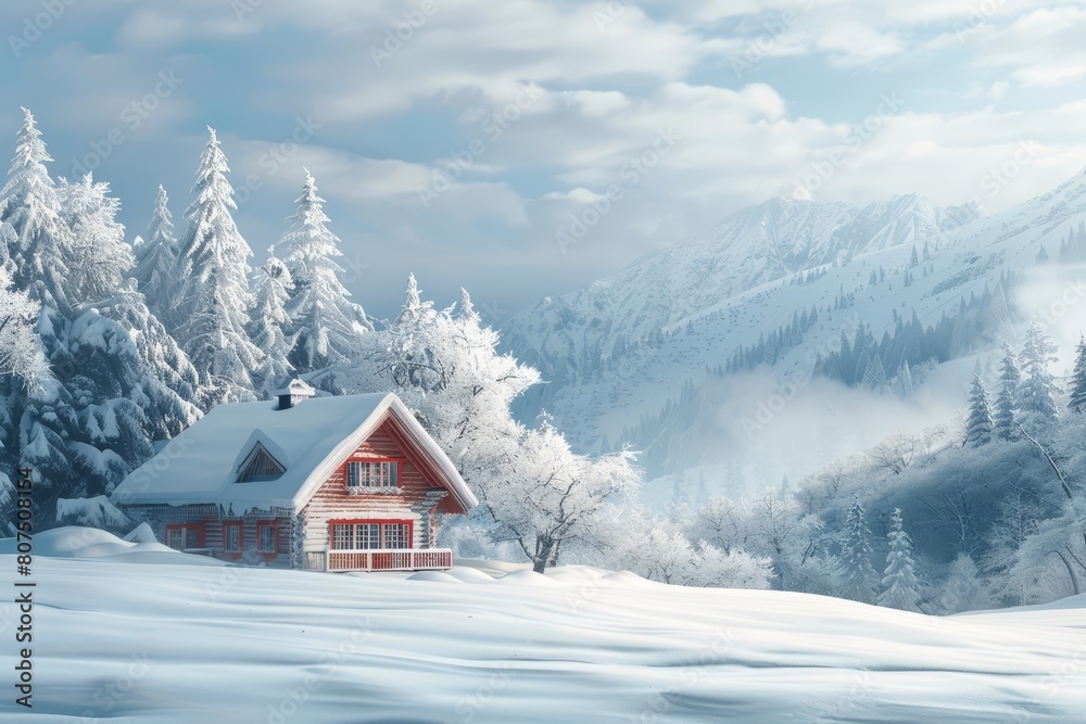 A cozy house among a snowscape provides a perfect winter getaway, Sharpen banner template with copy space on center